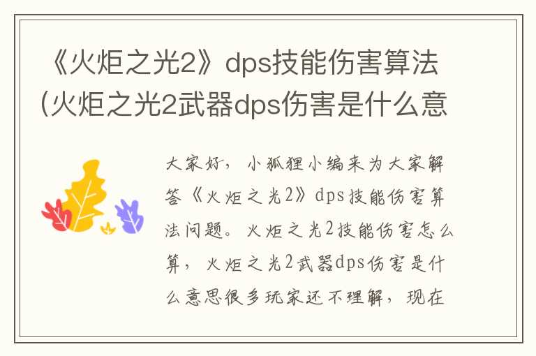 《火炬之光2》dps技能伤害算法(火炬之光2武器dps伤害是什么意思)