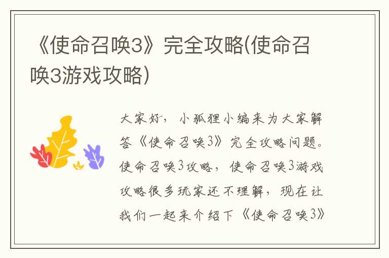 《使命召唤3》完全攻略(使命召唤3游戏攻略)